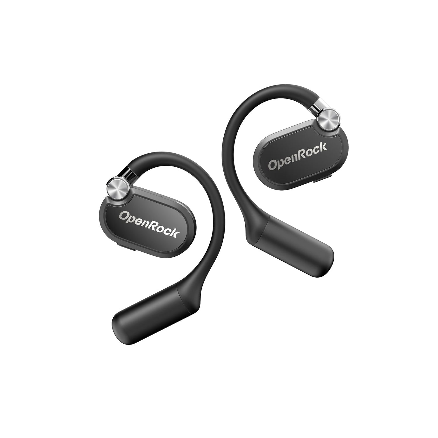 Black wireless earbuds with 'OpenRock' branding on a white background