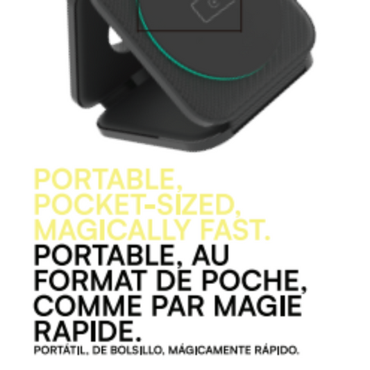 A black wireless charging pad with a built-in magnetic phone stand and nightlight feature.