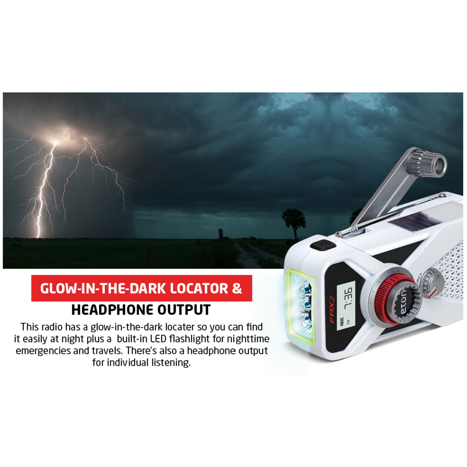 Handheld radio with glow-in-the-dark locator and headphone output feature, set against a backdrop of a stormy sky with lightning.