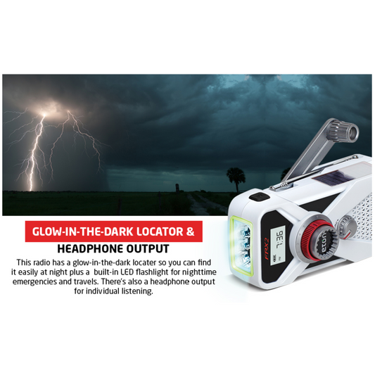 White handheld radio with digital display and control knobs on a white background