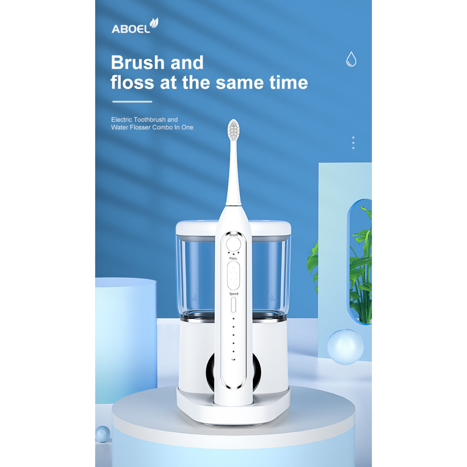 Electric toothbrush and water flosser combo with ABOEL branding on a blue background.