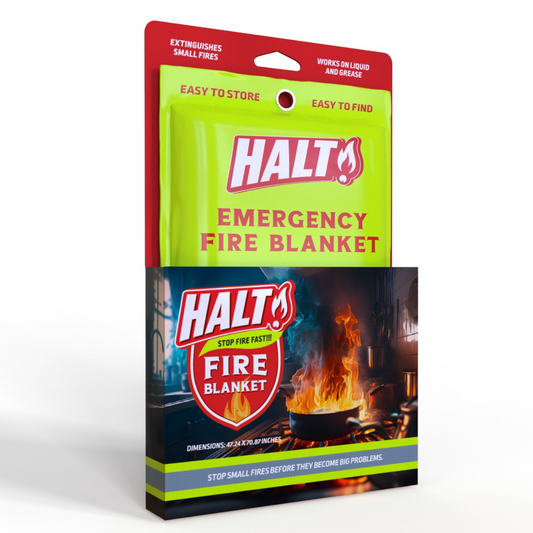 HALT Emergency Fire Blanket packaging with green and red design.