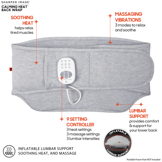 Sharper Image Calming Heat Back Wrap packaging with a person wearing the wrap on a white background