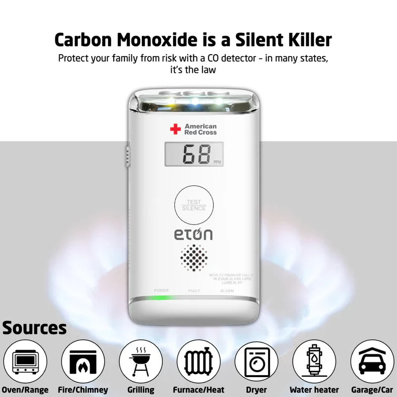 Carbon monoxide detector with American Red Cross logo on a white background