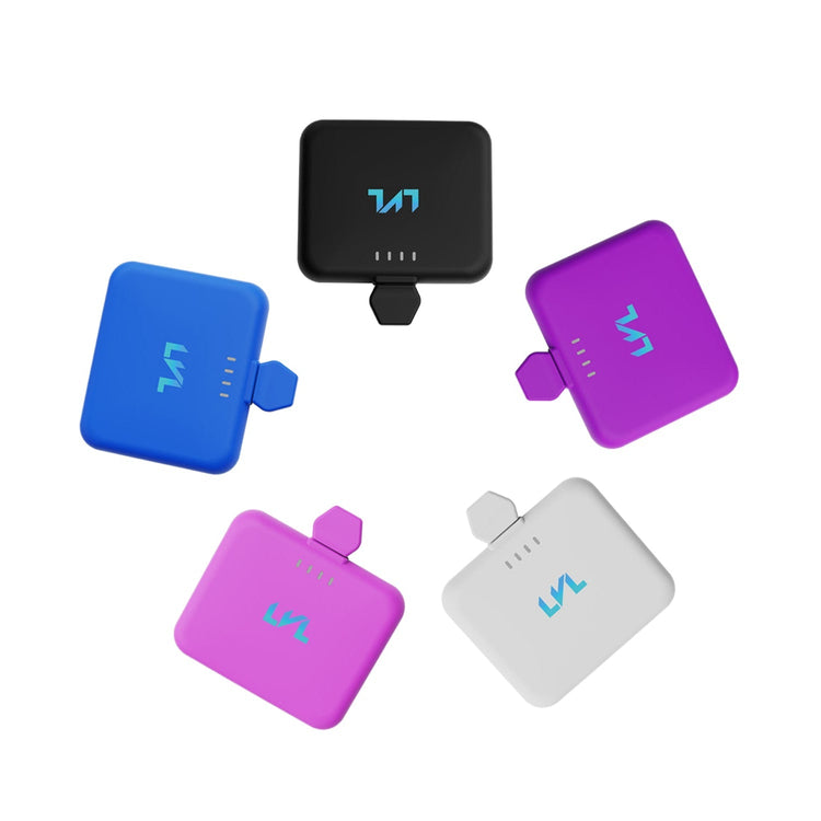 Five rectangular devices in blue, black, purple, and white on a white background