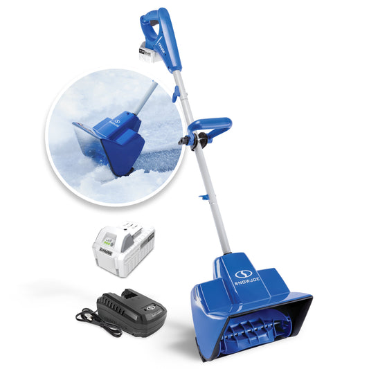 Blue snow shovel with attachments on a white background