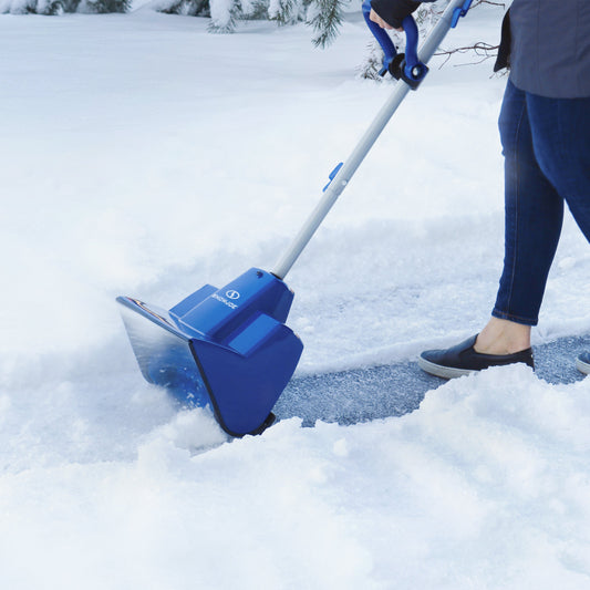 Blue snow shovel with attachments on a white background