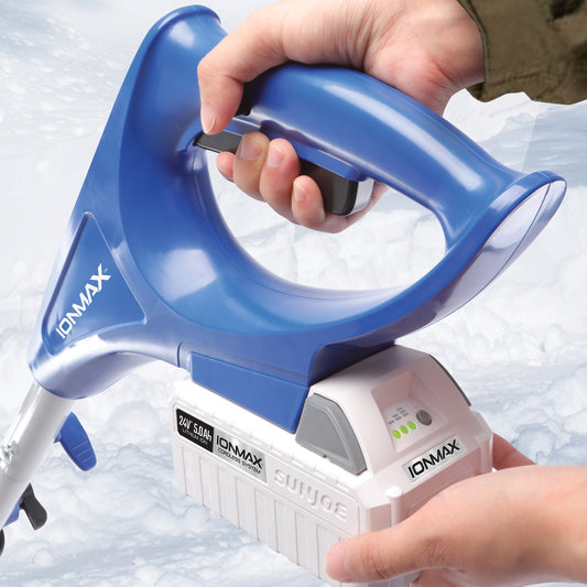 Blue snow shovel with attachments on a white background