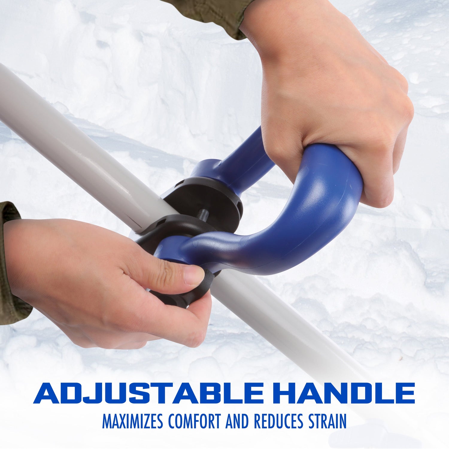 Person adjusting a blue adjustable handle on a snowmobile with text highlighting its benefits.