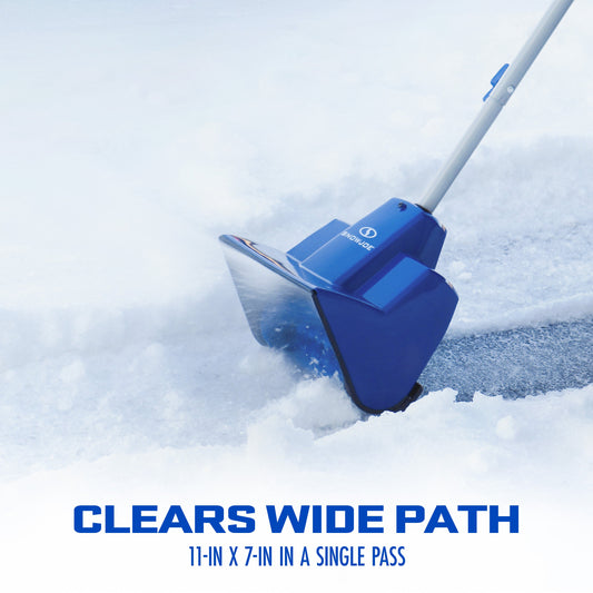 Blue snow shovel with attachments on a white background
