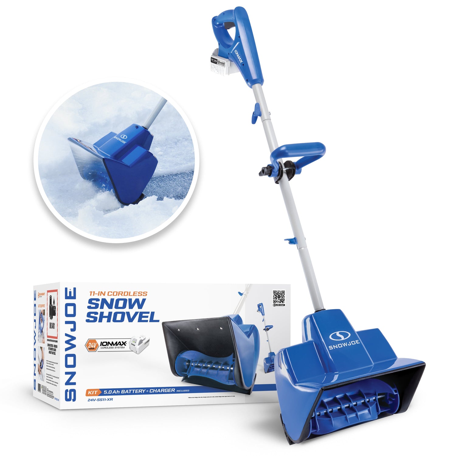 Blue Snow Joe snow shovel with packaging on a white background