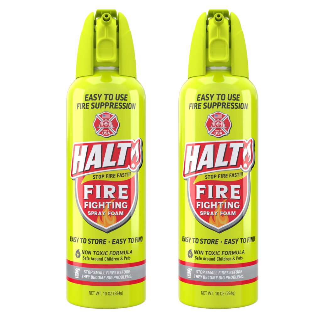 Two cans of Halt fire fighting spray foam on a white background