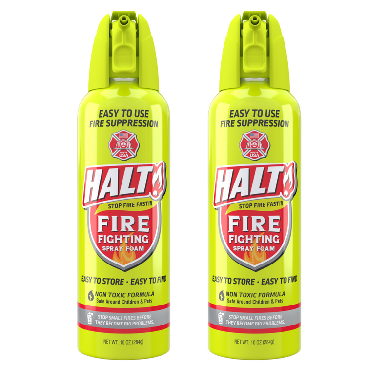 Two cans of Halt fire fighting spray foam on a white background