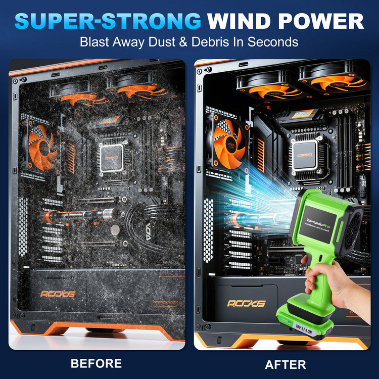 Before and after cleaning of a computer motherboard with a green cleaning tool.