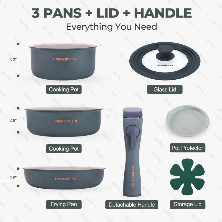 Set of cooking pots, pans, and accessories with Urbanflex branding on a white background.