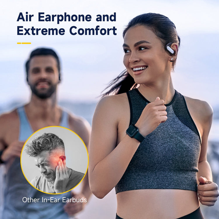 Woman running outdoors wearing a wireless earphone with a man in the background, highlighting comfort and relief from ear pain.