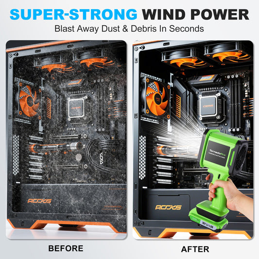 Green handheld leaf blower with battery pack on a blue background