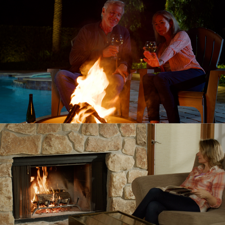 Two people by a fire pit near a pool, followed by a scene of a woman reading in front of a fireplace.