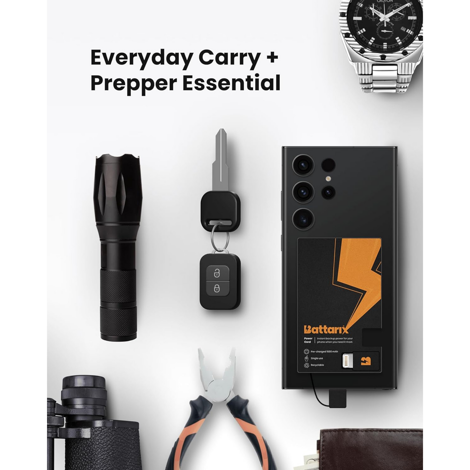 Collection of everyday carry items including a phone, flashlight, keys, and binoculars on a white background.