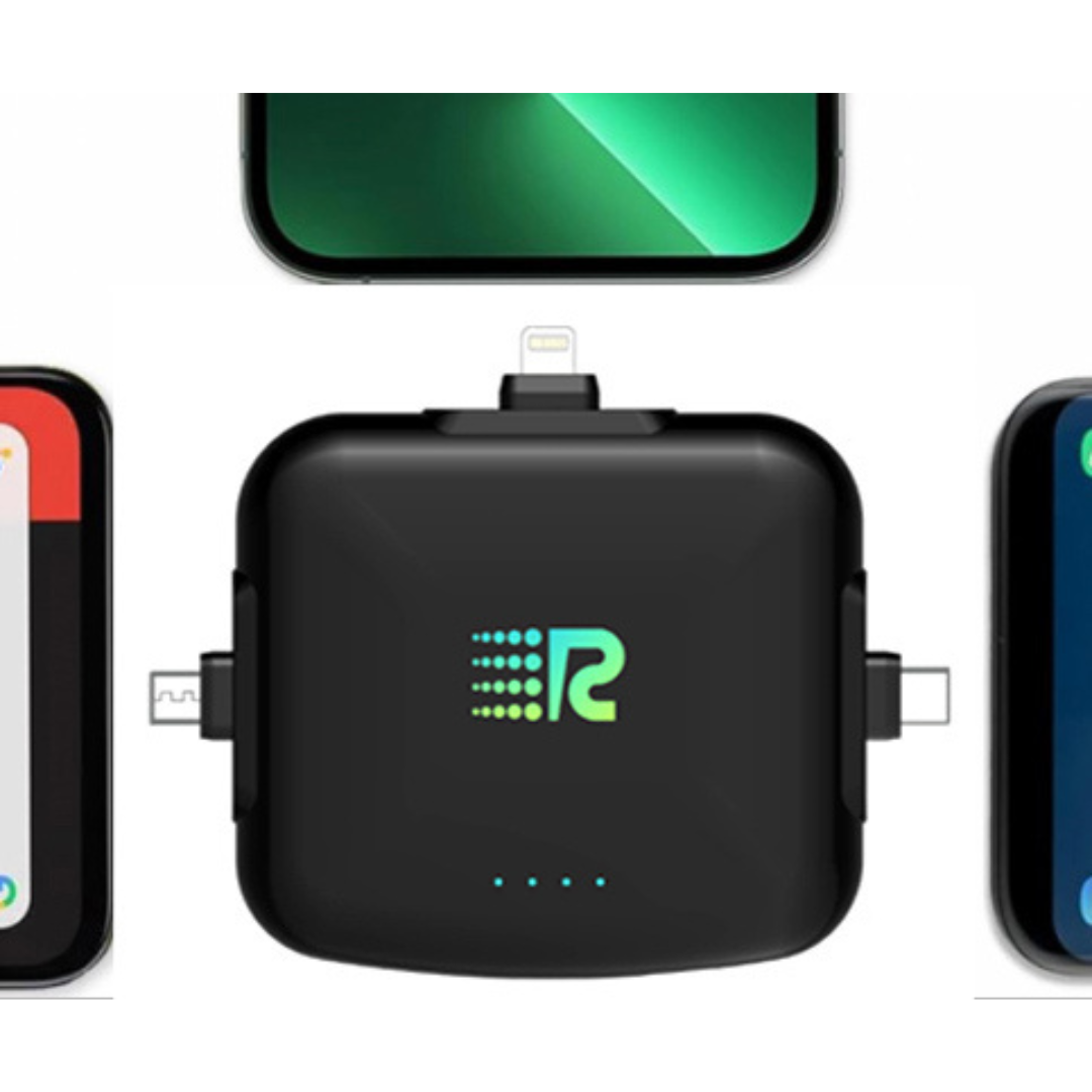 Black multi-device charging adapter with multiple ports on a white background