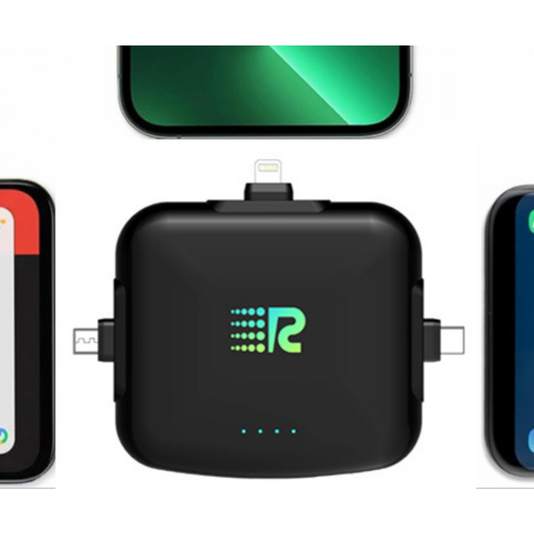Black multi-device charging adapter with multiple ports on a white background