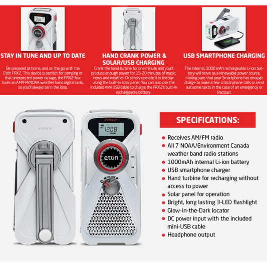 White handheld radio with digital display and control knobs on a white background