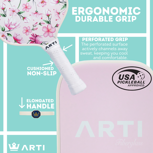 Floral-patterned pickleball paddles with a blue drawstring bag and colorful balls on a white background