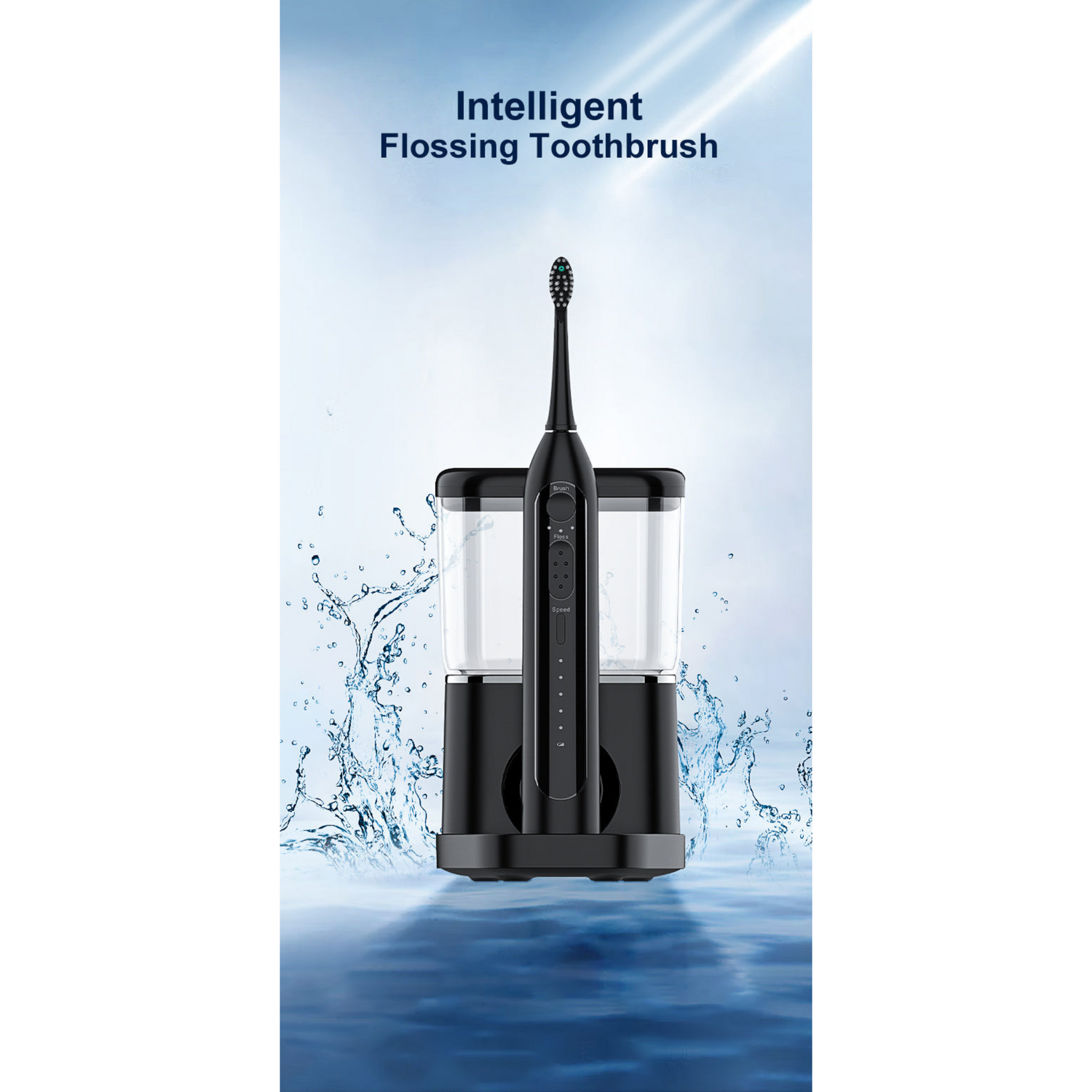Black flossing toothbrush with clear container on a blue water background