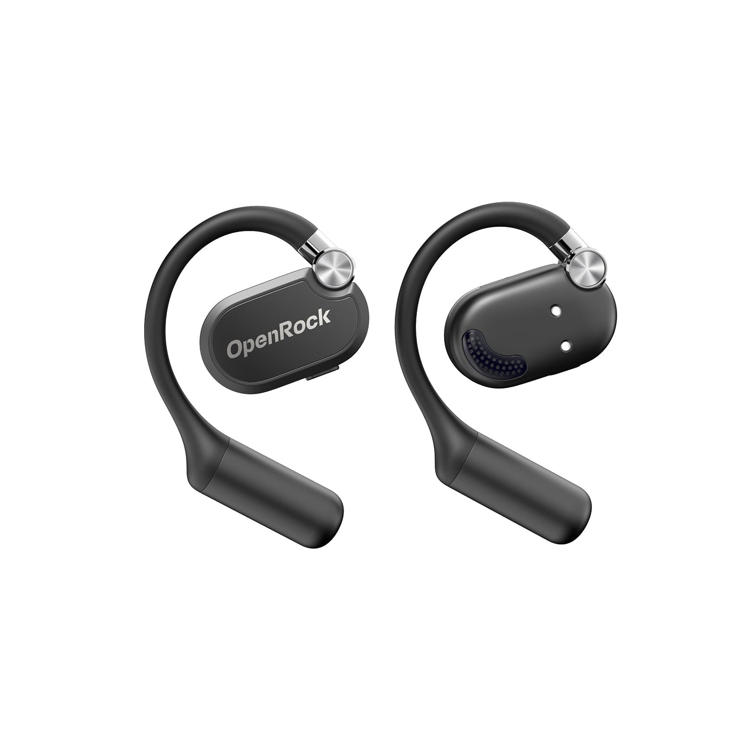 Black wireless earbuds with 'OpenRock' branding on a white background