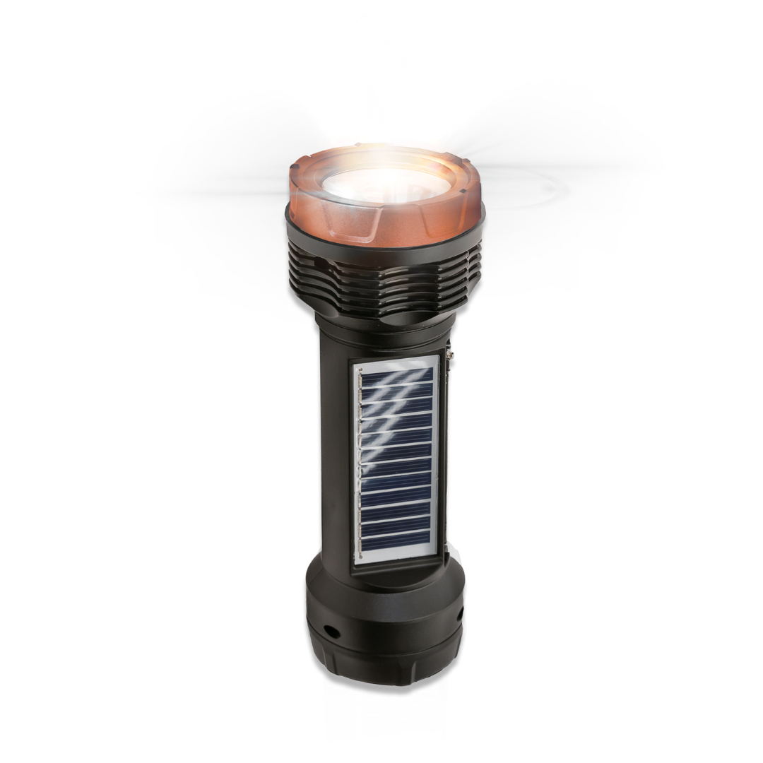 Black flashlight with solar panel on a white background