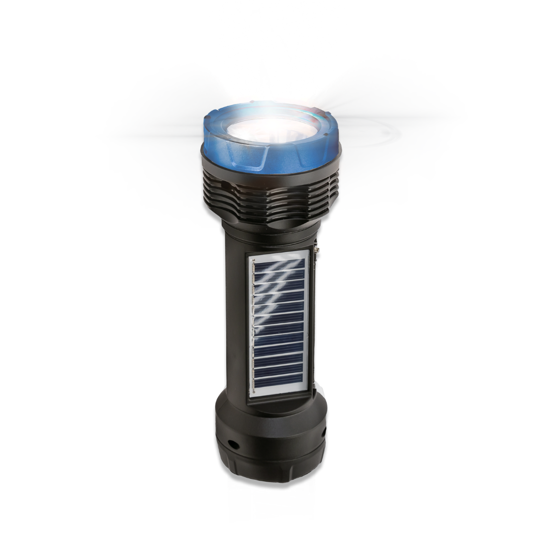 Black flashlight with solar panel on a white background