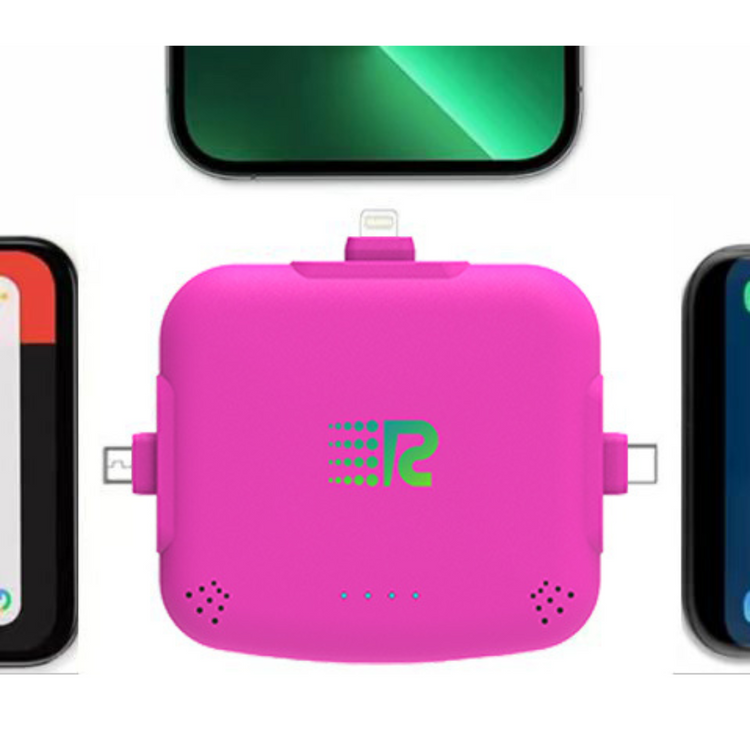 Pink electronic device with a green logo, possibly a charging adapter, on a white background.