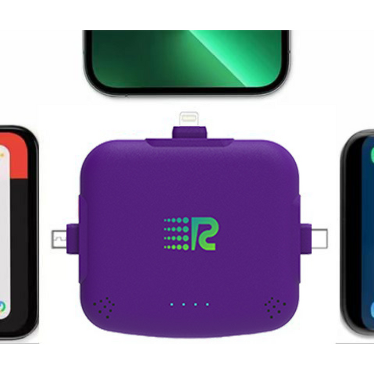 Purple charging adapter with multiple ports on a white background