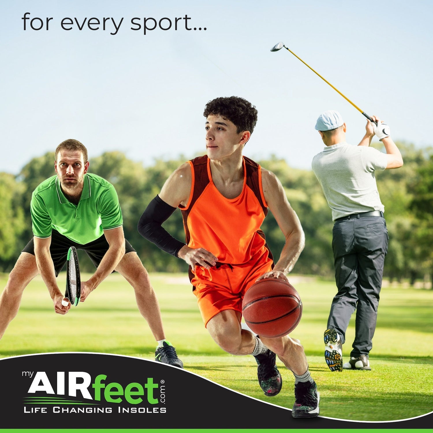 Three people engaged in different sports with 'my AIRfeet' branding at the bottom.