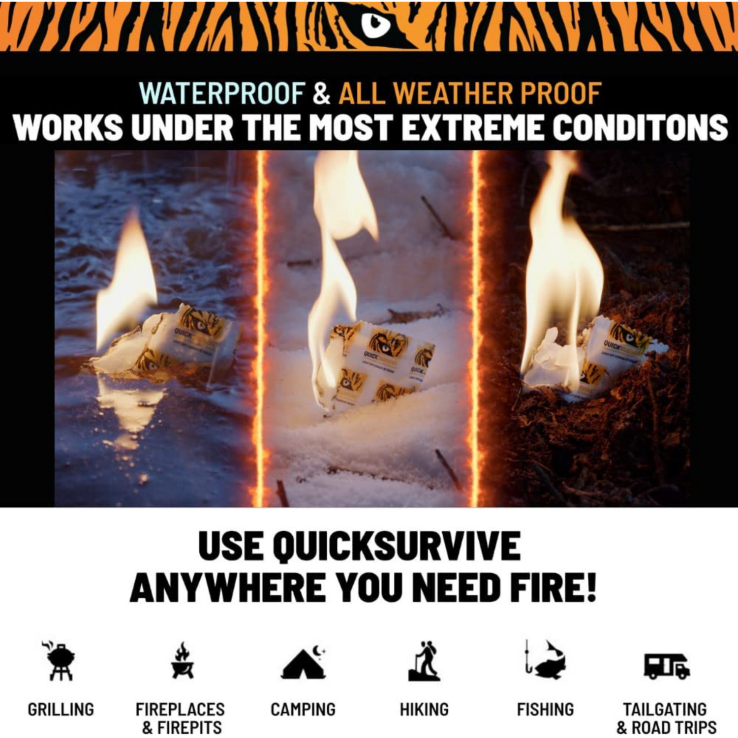 Product packaging with flames in various conditions, emphasizing waterproof and all-weather proof features.
