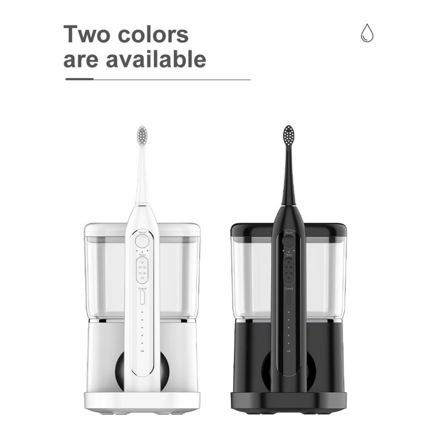 Two electric toothbrushes, one white and one black, with charging stands on a white background.