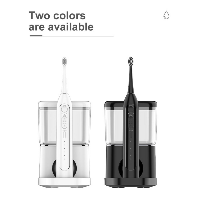 Two electric toothbrushes, one white and one black, with charging stands on a white background.