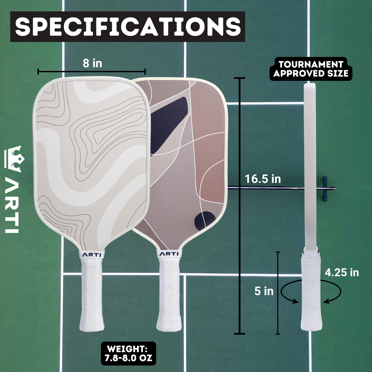 Pickleball paddle with dimensions and specifications on a green background