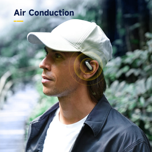 Black wireless earbuds with charging case on a white background