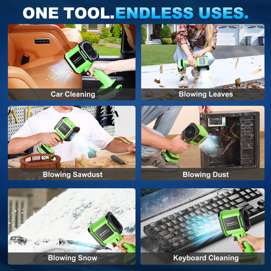 Green handheld leaf blower with battery pack on a blue background