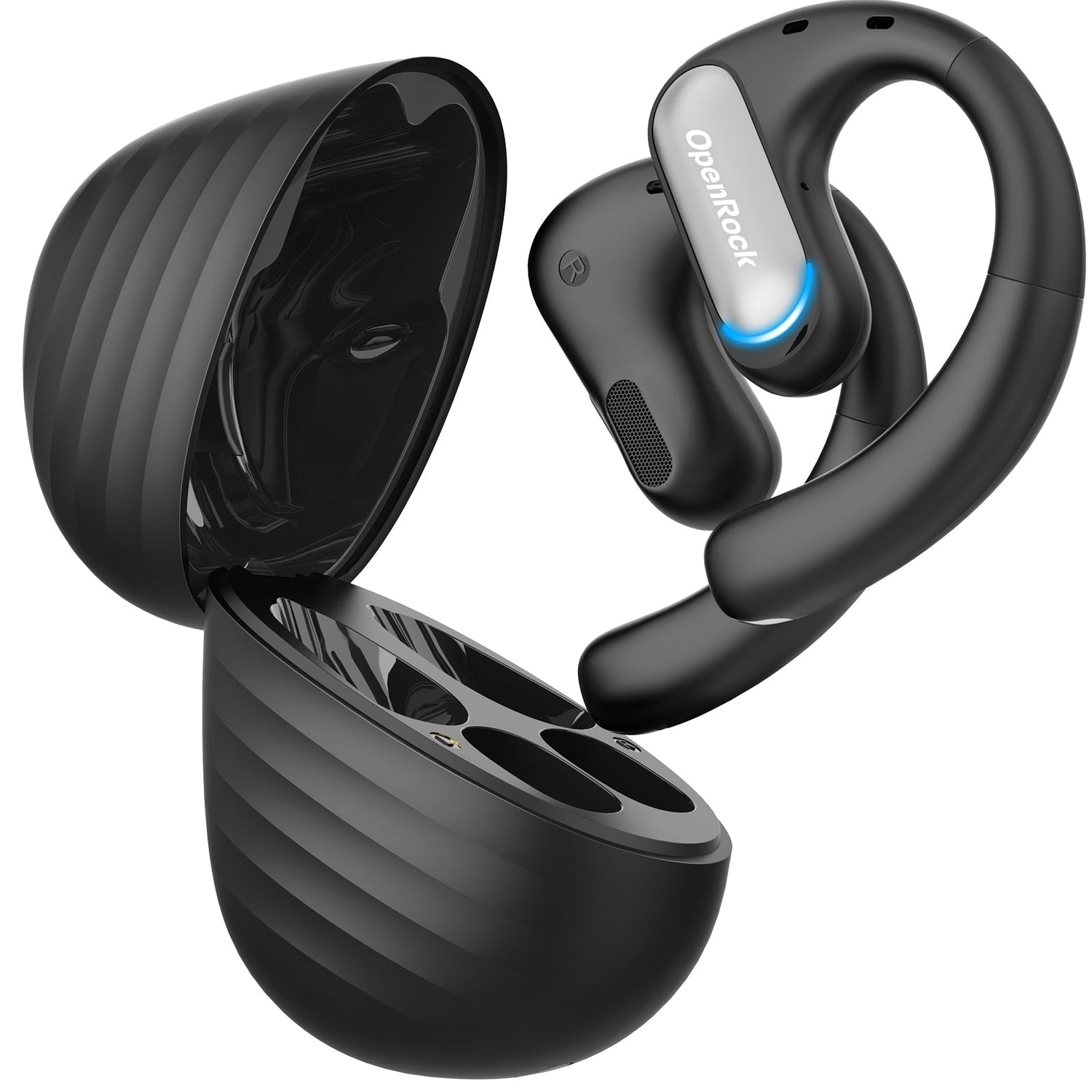 Black wireless earbuds with charging case on a white background