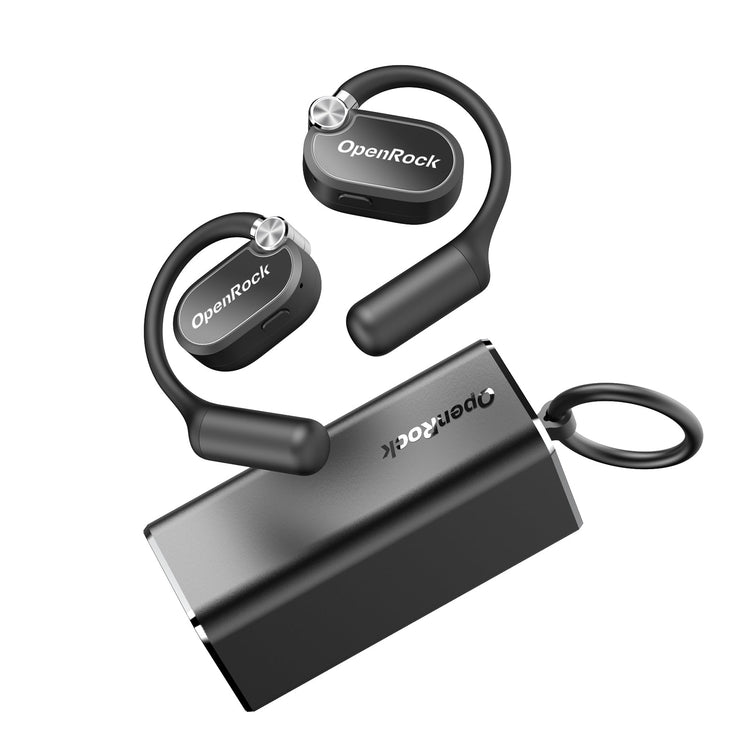 OpenRock wireless earbuds with charging case on a white background