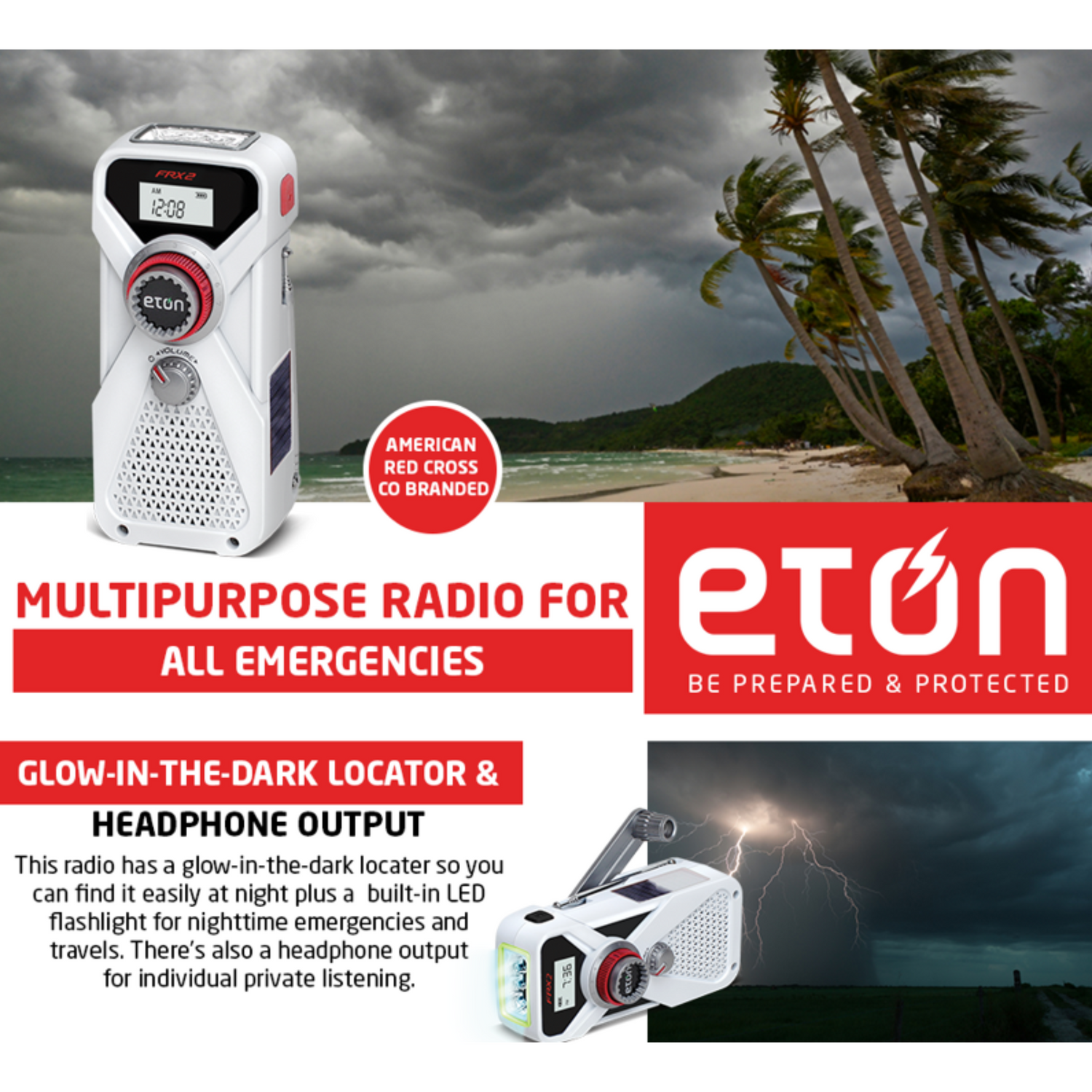 Eton multipurpose radio for emergencies with beach and palm tree background