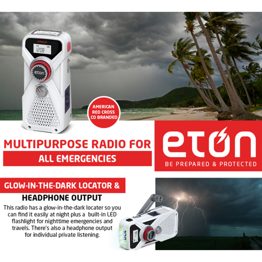 White handheld radio with digital display and control knobs on a white background