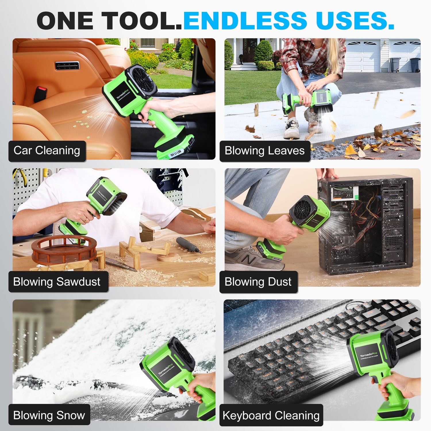 Multifunctional tool used for various tasks including car cleaning, blowing leaves, and cleaning a keyboard.
