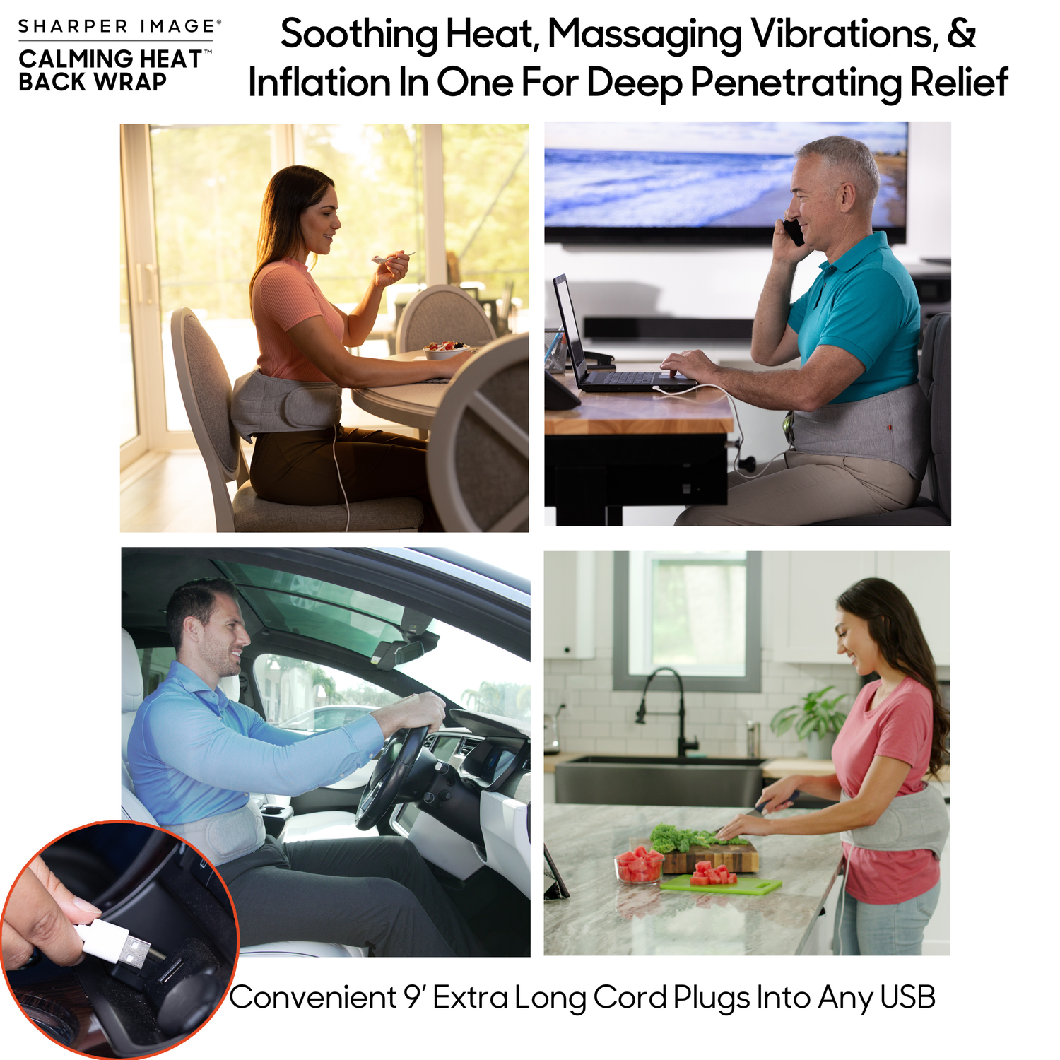 Product advertisement for a heating pad with various usage scenarios and features highlighted.