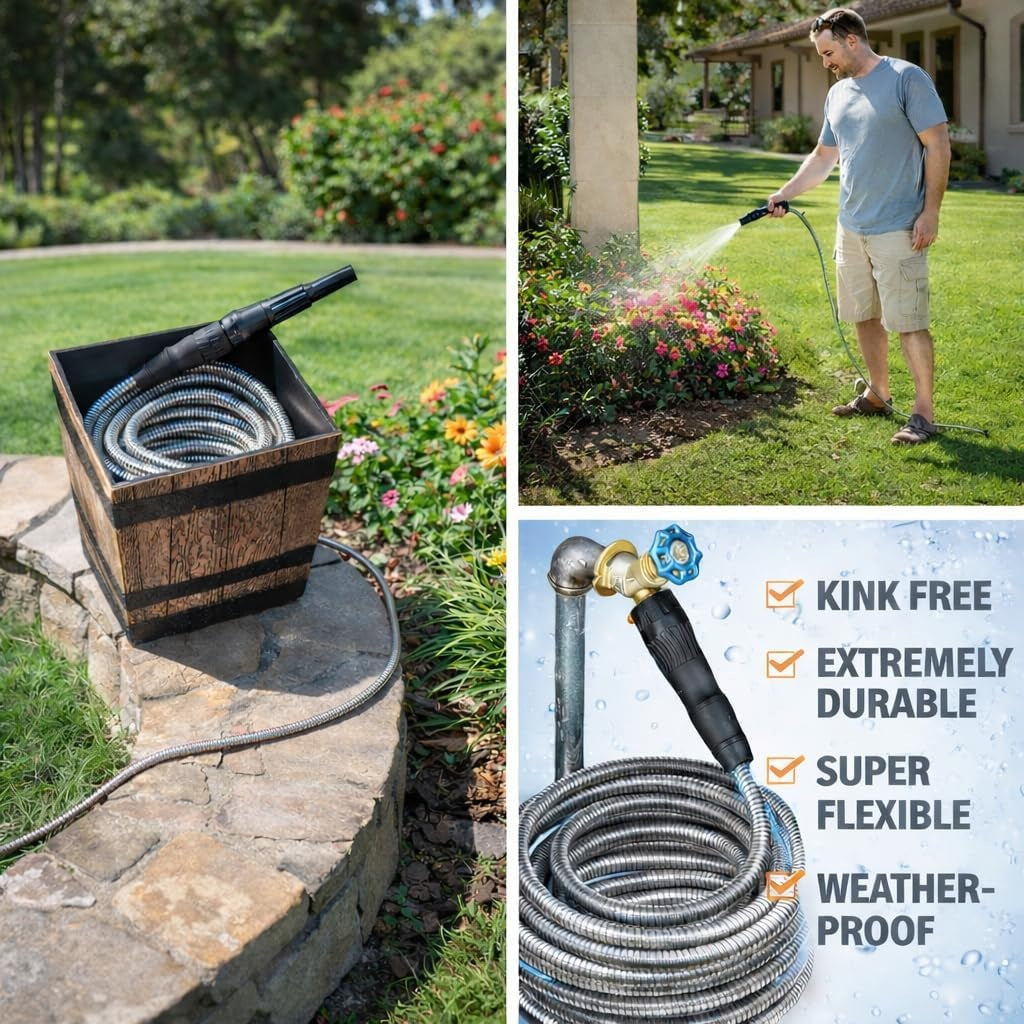 Collage of a garden hose with features highlighted, including kink-free, durable, flexible, and weather-proof qualities.