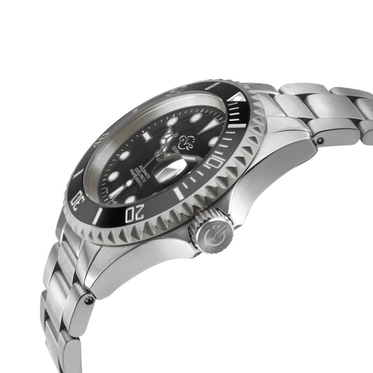 Silver watch with black dial on a white background