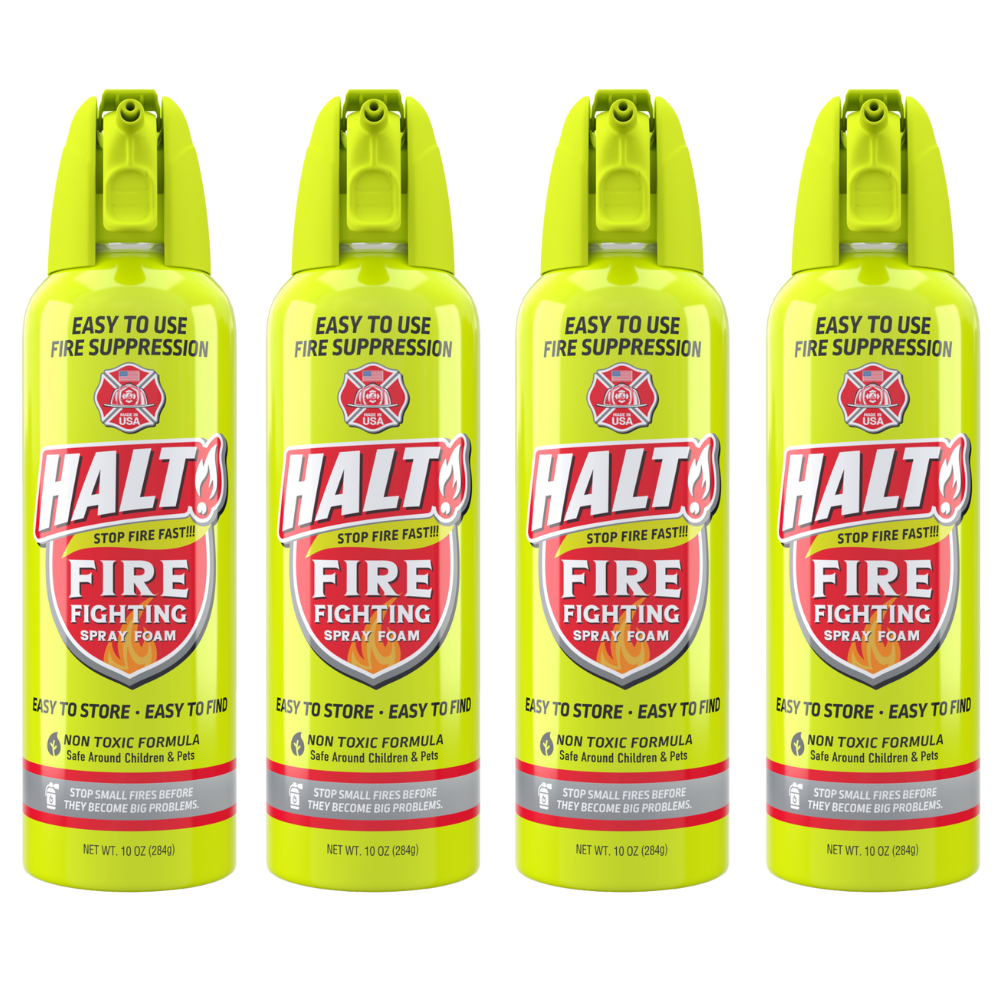 Four bottles of Halt fire fighting spray foam on a white background