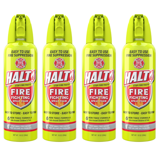 Four bottles of Halt fire fighting spray foam on a white background